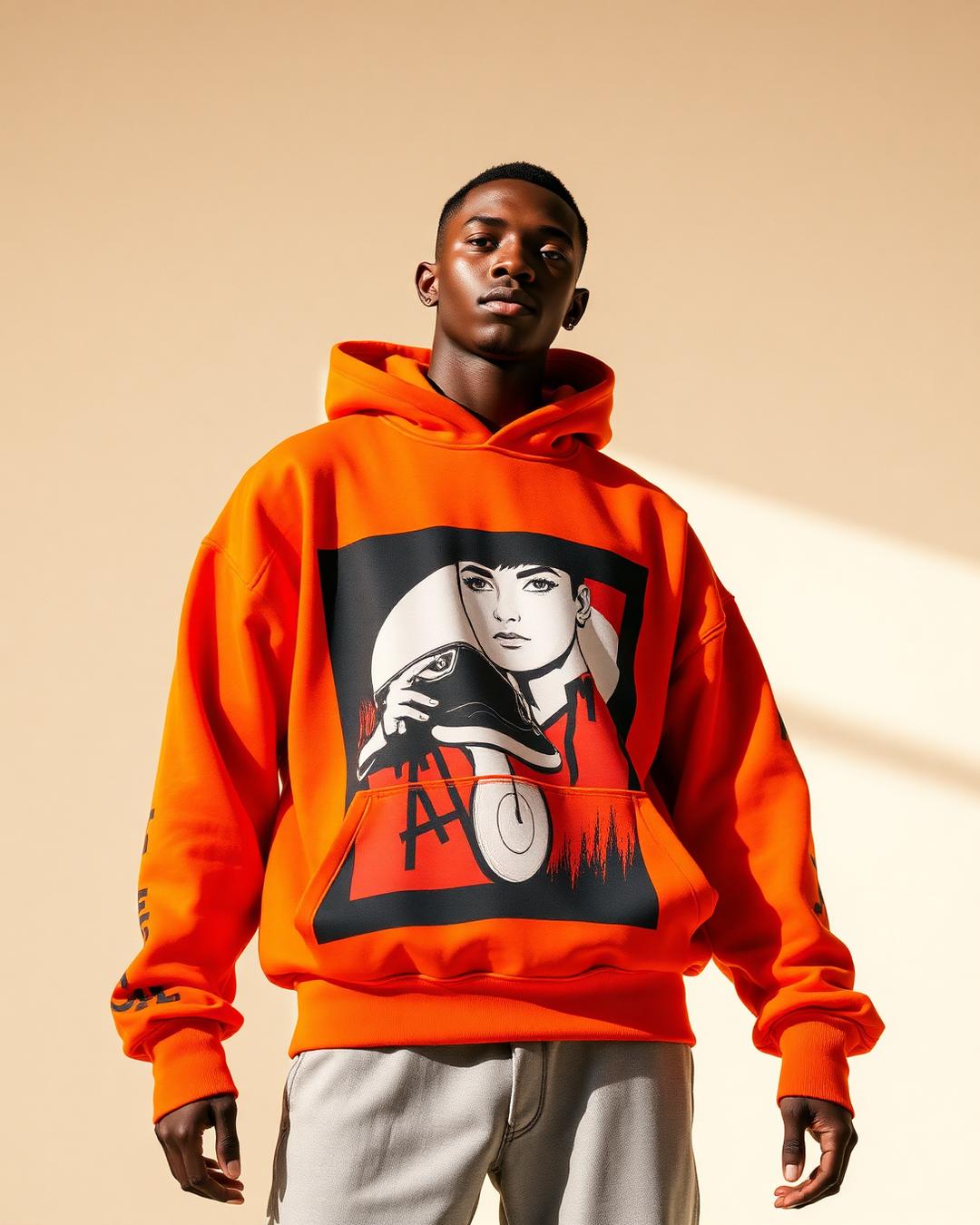 Streetwear model in oversized orange hoodie by Fresh Press